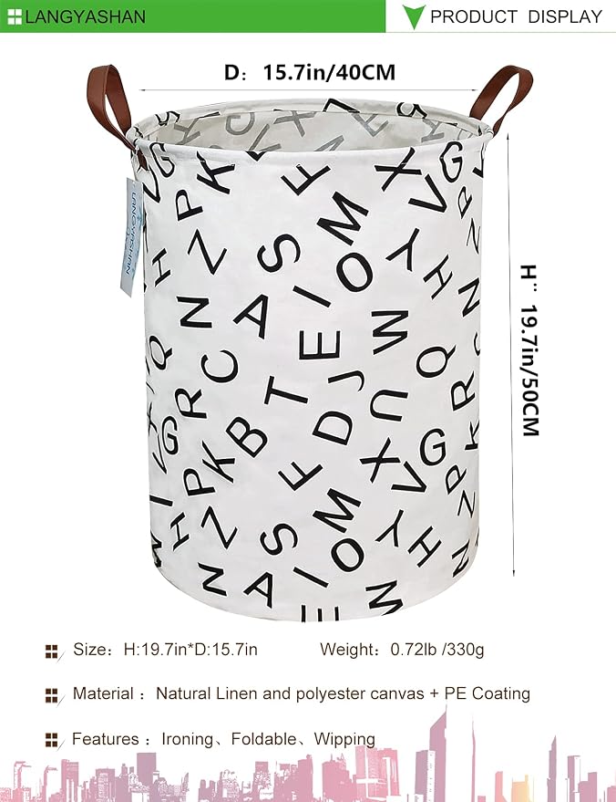 Round Laundry Basket Collapsible Storage Hamper Organizer Alphabet | Waterproof Canvas Foldable Baskets with sturdy Handles Multi-scene Organizer for Home Play Bedroom Gift Bin