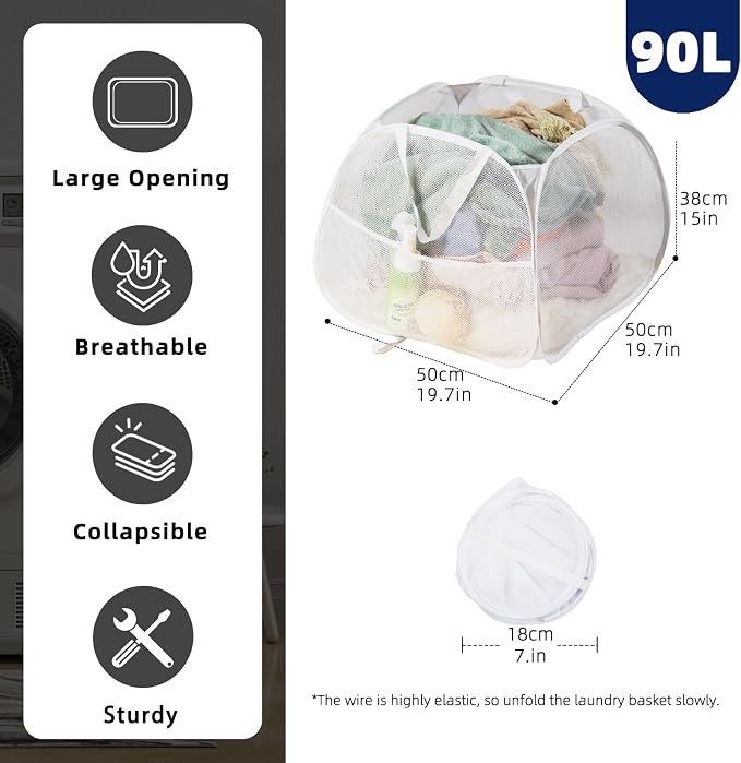 Collapsible Laundry Basket 90L, Mesh Pop-up Hamper, White 2PCS | Foldable Laundry Basket, Side Storage Pocket, Handles, Dirty Clothes Hamper for Bedroom, Bathroom, Dorm, Travel, Camping