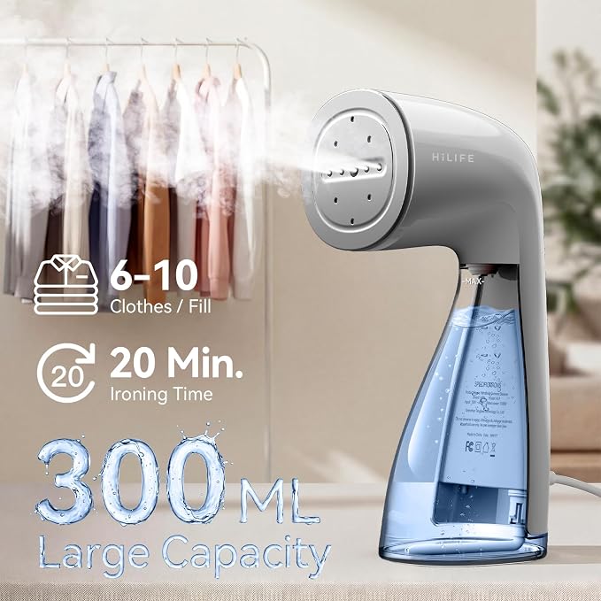 HiLIFE Steamer for Clothes, Portable Handheld Design, 240ml Big Capacity, 700W, Strong Penetrating Steam, Removes Wrinkle, for Home, Office and Travel(ONLY FOR 120V) (Grey)