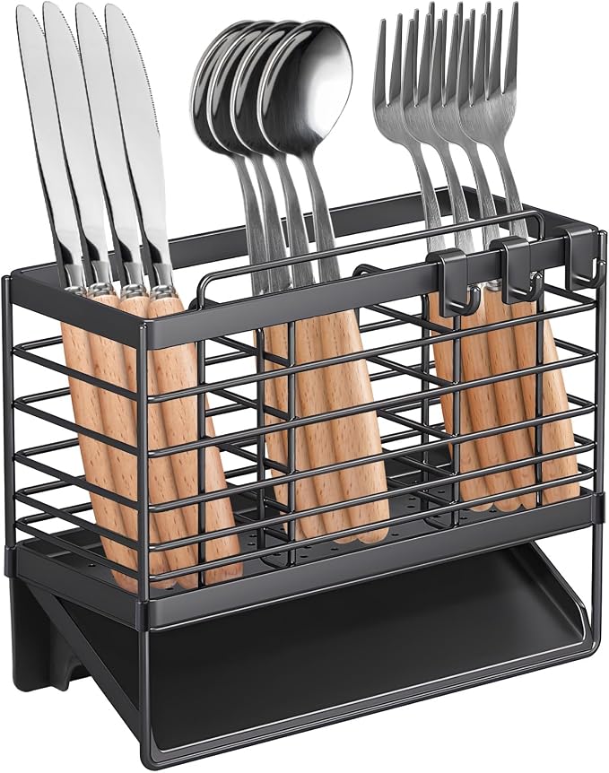 Utensil Holder, Stainless Steel Utensil Drying Rack with Plastic Automatic Drain Tray for Kitchen Counter, Compact Silverware Cutlery Drainer Basket for Spoons, Forks, Knifes, Chopsticks Organizer