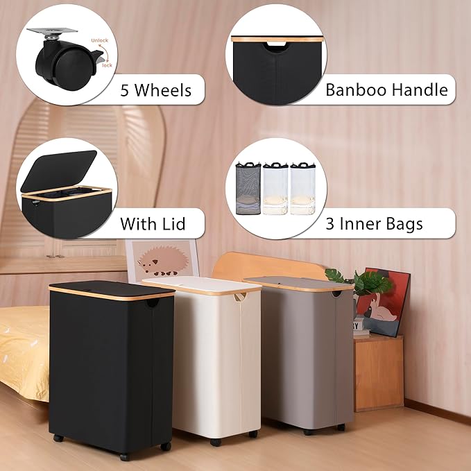 iEGrow Lagre Laundry Basket with Wheels, Laundry Hamper with Lid, 160L Clothes Hamper for Laundry with 3 Liner Bags, for Laundry Room, Bedroom, Dormitory Organization,Black
