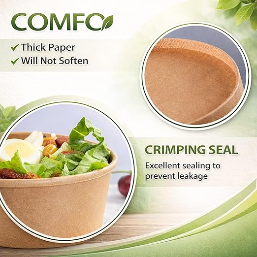 TOPtoper Paper Bowls 43Oz 50Pcs with Lids and Forks | Heavy Duty, Kraft Paper, Soak-Proof, For Hot/Cold Food, Disposable Meal Prep Containers