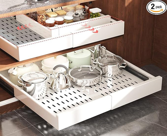Seinloes 2 Pack Pull Out Cabinet Organizer Expandable Width(15"-25") and Depth(17"-24"),Slide Out Drawers With Raising Pad for Framed Cabinets,No Drill Roll Out Shelves for kitchen,Bathroom,White