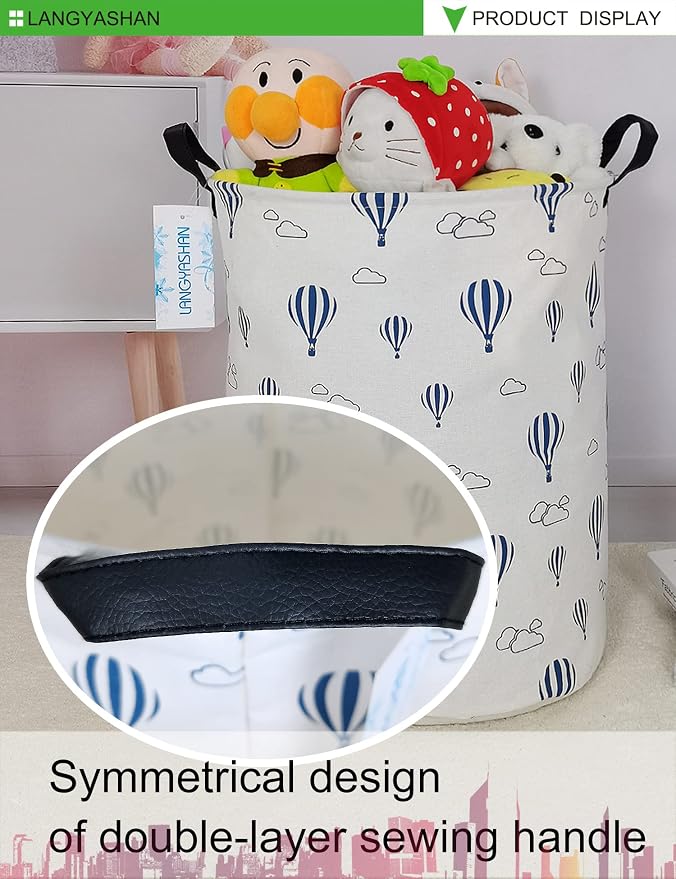 Round Laundry Basket Collapsible Storage Hamper Blue Balloon | Waterproof Canvas Foldable Baskets with sturdy Handles Multi-scene Organizer for Home Play Bedroom Gift Bin
