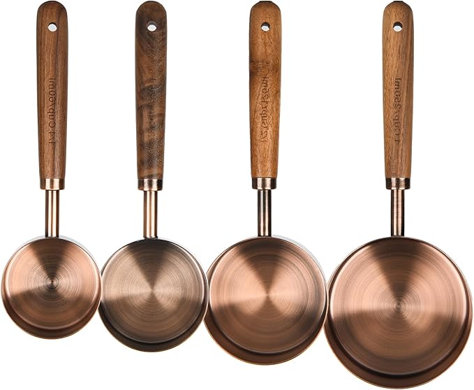 Copper Measuring Cups & Spoons Set 8, Stainless Steel Measuring Cups and Spoons Set for Baking and Kitchen, Metric & US Metal Measure Cup & Spoon with Wood Handle for Dry & Liquid