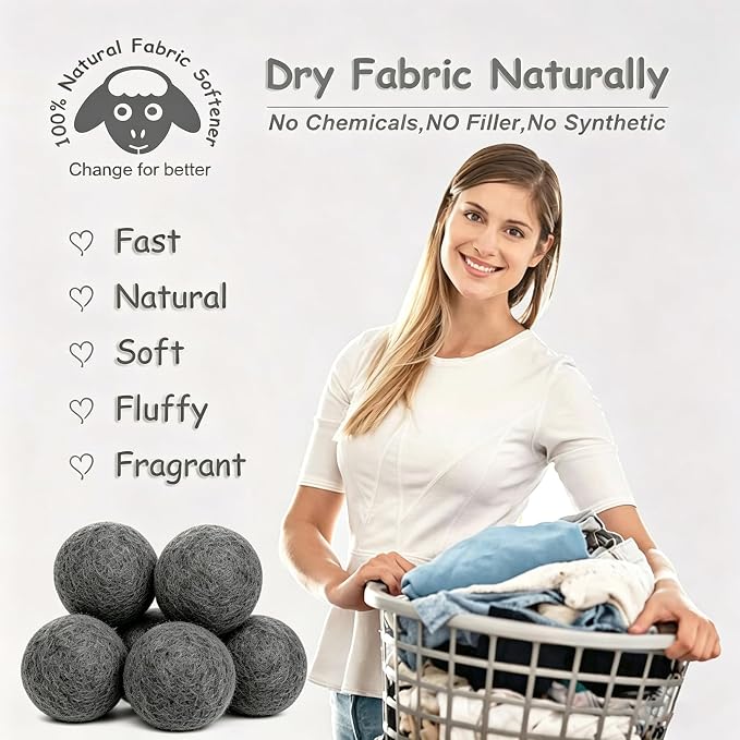 Budieggs Wool Dryer Balls XL 6-Pack, 100% New Zealand Wool Handmade | Chemical-Free Natural Fabric Softener Reusable, Reduces Wrinkles, Tangling, Drying time & Static Cling, Lasts 1000+ Loads