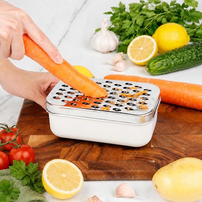 Cheese Grater with Storage Container, Box Grater Stainless Steel for Vegetables, Cheese Shredder 2 Sharp Blades for Fine & Coarse, Non-Slip Base, Lemon Zester, Includes Cleaning Brush (White)
