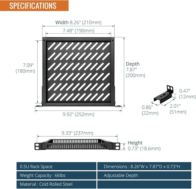 Tecmojo 0.5U Rack Shelf for 10" Server Rack & Cabinet, Adjustable 7.87-10.24" Depth, Vented Metal Tray, Heavy Duty Support up to 66 lbs, Enhanced Ventilation, Black
