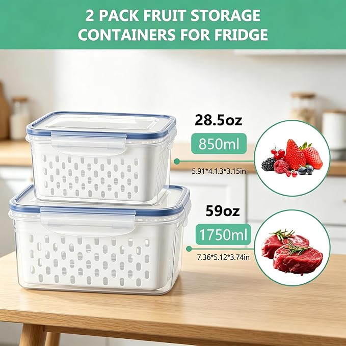 2 Pack Fruit Storage Containers for Fridge with Removable Colanders, Dishwasher & Microwave safe Produce Storage Containers with Lids Keep Fruits, Vegetables, Berry, Meat Fresh longer