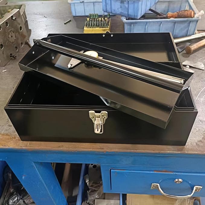 16" Portable Metal Toolbox Large Tool Box 18-Gauge Fishing Tackle Box Tool Box Drawer Organizer Steel Toolbox With Metal Latch and Handle Black