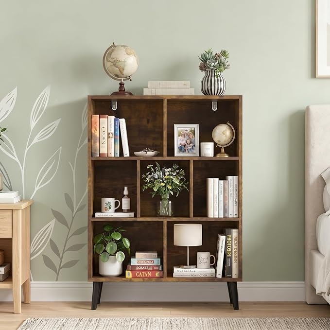 7 Cube Storage Organizer Shelf，Open Cube Bookshelf with Legs | 3 Tier, Mid-Century, Heavy Duty, Modern Bookcase, Display Shelf, Living Room, Bedroom, Office, Deep Brown