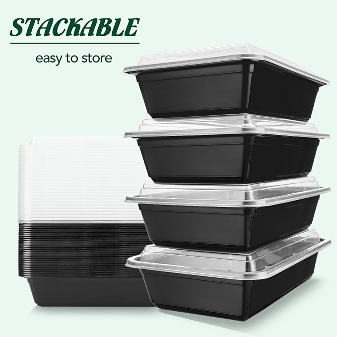 Glotoch Meal Prep Containers 32oz 50 Pack(100 Piece) with Lids, Plastic Food Storage Containers Reusable, Bento Boxes for Portion Control,Takeout, Lunch, Salad, Microwave/Freezer/Dishwasher safe