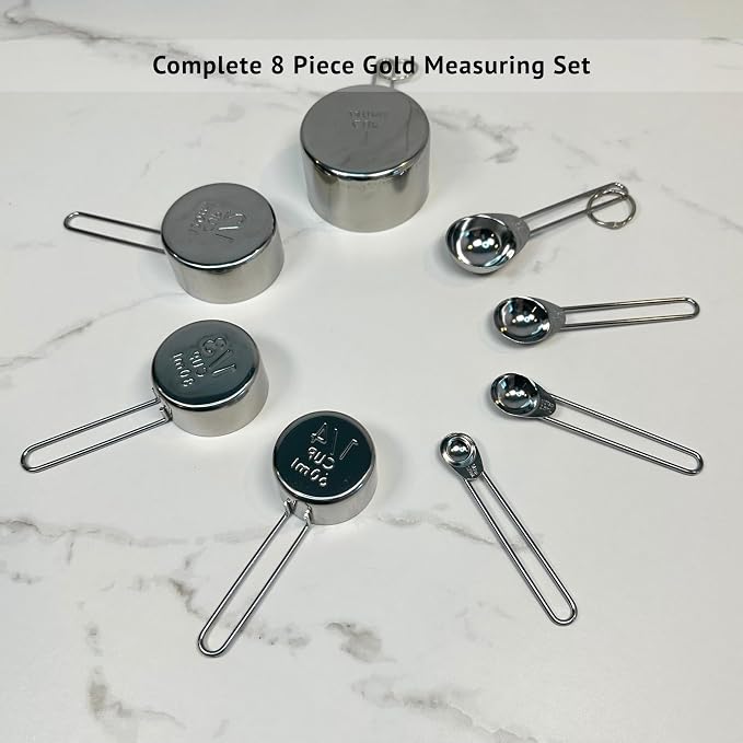 Silver Stainless Steel Measuring Cups and Spoons Set, 8 Piece, Engraved Measurements, Durable Nesting Kitchen Set