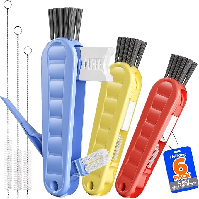 Holikme 6 Pack 4 in 1 Cup Lid Cleaning Brush 3 Straws Bottle Brush,Carrot | 4 in 1 Cup Lid Cleaning Brush Multifunctional Bottle Brush, Silicone Cup Lid Gap Cleaner, Bristle Crevice Cleaning Brush
