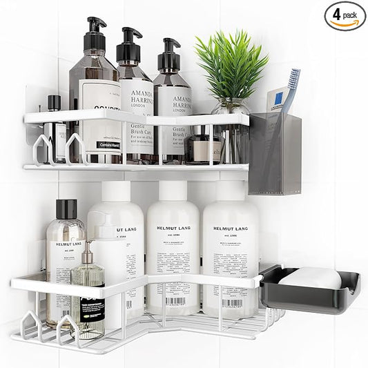 Adhesive Shower Caddy, 4 Pack Corner Bath Organizer, Rustproof Stainless Steel Shower Shelves with Large Capacity, No Drilling Shelves for Bathroom Storage, Home, Kitchen Décor (White).
