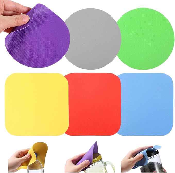 6 Pack Rubber Jar Opener Gripper Pads, Non-Slip Silicone Round and Square Bottle Opener Set, Multi-Purpose Lid Grippers for Seniors with Arthritis Weak Hands, 6 Colors Kitchen Gadget