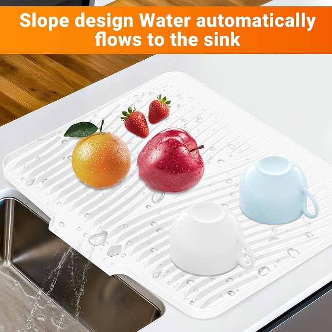Silicone Dish Drying Mat for Kitchen counter, 15.8"x13" Extra Large Non-Slip Drain Pad with Built-in Drainage, Heat Resistant Dishwasher Safe, Ivory