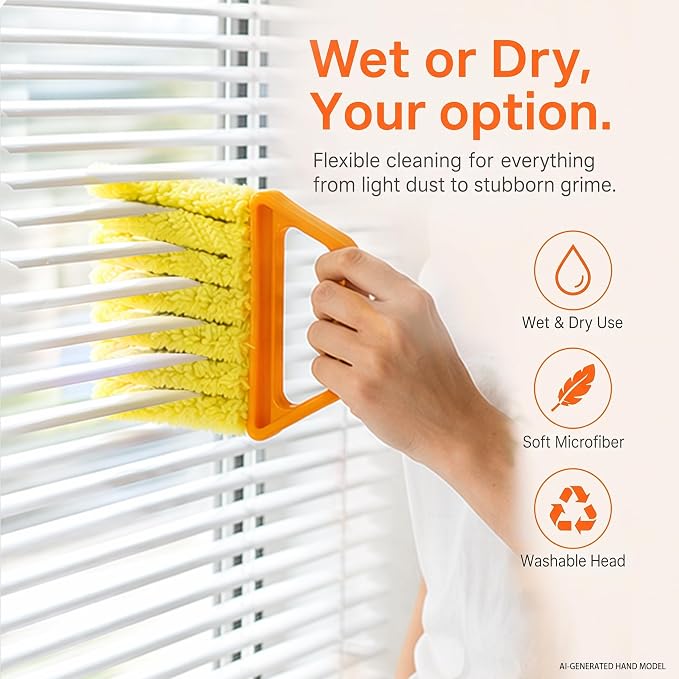 3-Pack Window Blind Cleaner Tool, 7-Finger Washable Microfiber Blind Duster for Multiple Slats, Mini Blind Cleaning Brush for Venetian Blinds, Air Vents and Fans, Orange