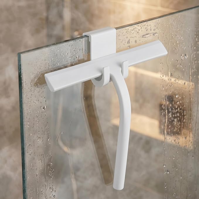 Shower Squeegee for Glass Doors, Mirror Window Tile Scrubber Cleaner with Hook Silicone (White)