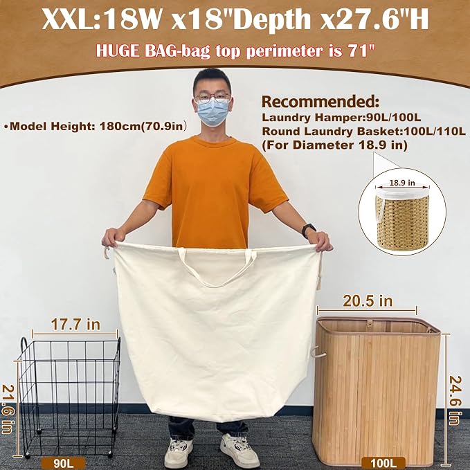 Canvas Laundry Bag with Handles & Square Base, XXL 18"Wx18"Dx27.6"H, Beige | Extra Large Heavy Duty Laundry Basket Hamper Liner Replacement, Washable Drawstring Dirty Clothes Bag, Canvas Storage Sack