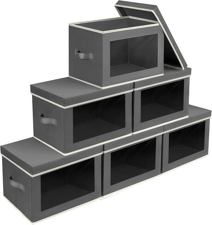 Homsorout Stackable Storage Bins with Lids - Large Storage Box with Lids, Foldable Closet Boxes for Organizing, Wardrobe Clothes Organizer with Window, Cubes Bins for Living Room, 6 Pack, Dark Grey