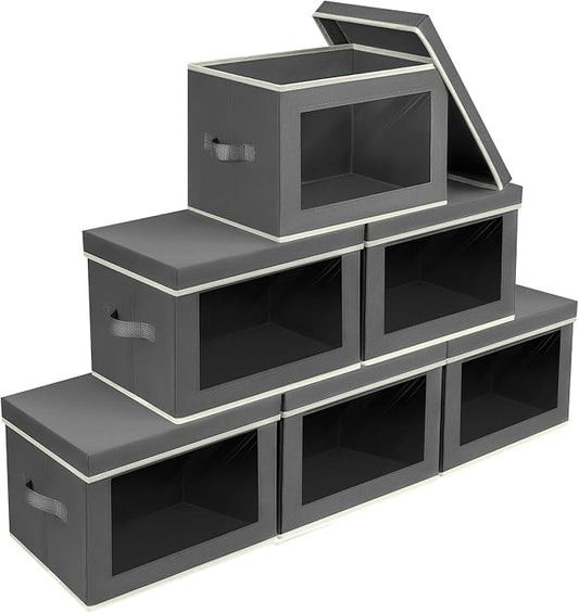 Homsorout Stackable Storage Bins with Lids - Large Storage Box with Lids, Foldable Closet Boxes for Organizing, Wardrobe Clothes Organizer with Window, Cubes Bins for Living Room, 6 Pack, Dark Grey