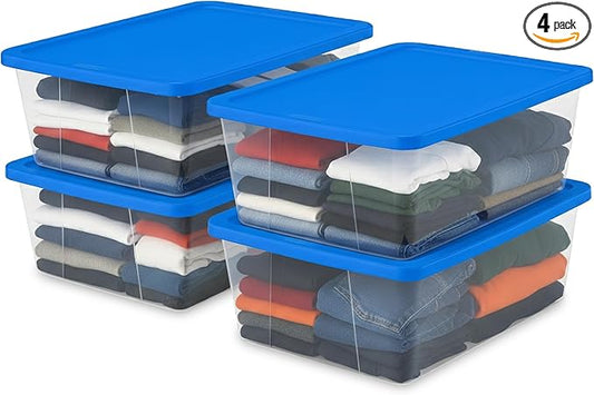 HOMZ Snaplock Clear Plastic Bin 12 Quart/3 Gallon | Storage Tote with Secure Lid | for Home, Office, Garage, Dorm Room Organizer | Stackable & Nestable | Blue Lid, Pack of 4