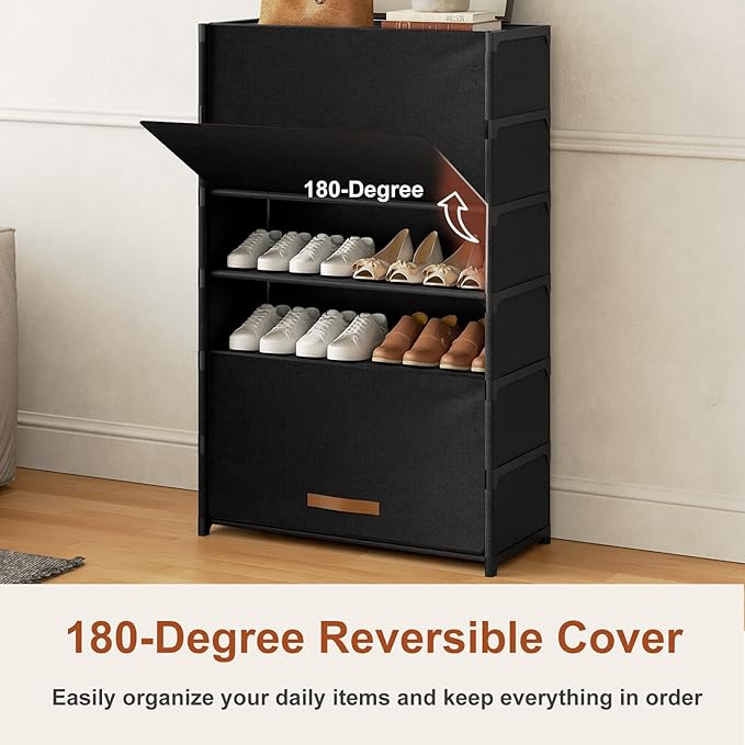 7 Tier Shoe Cabinet with Door, 28-Pair Storage, Black | Tall design saves floor space. Door blocks dust & pets. Holds heels to boots. Quick assembly with connectors.