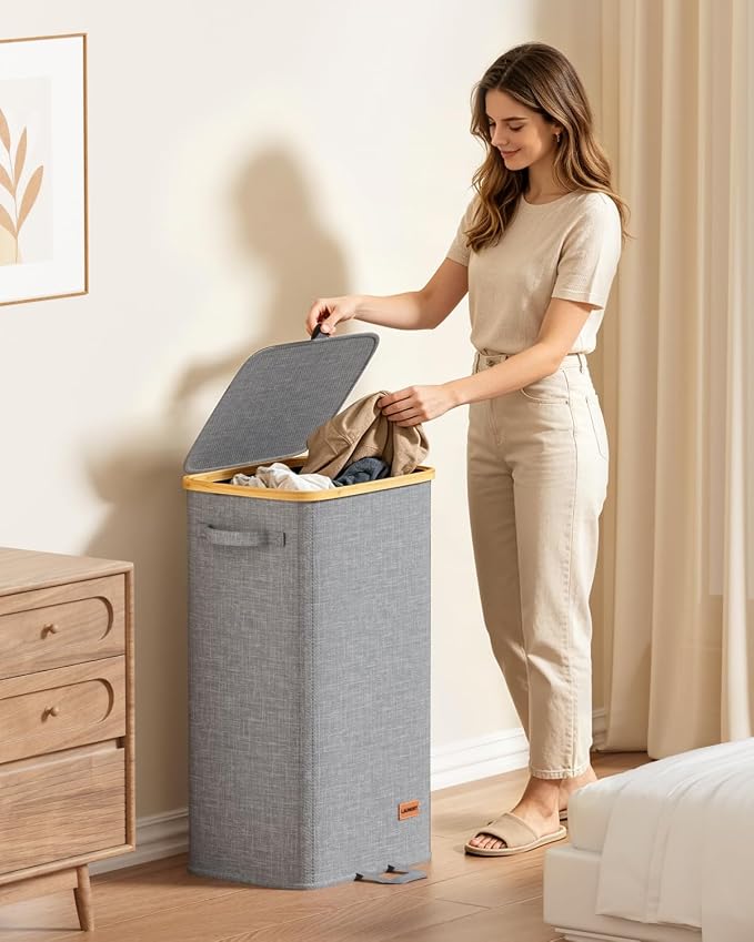 100L Laundry Hamper with Lid, Tall Dirty Clothes Hamper, Grey | Elegant bamboo appearance, Foot Loop, Removable Bag Easy to Lift and Carry, Bathroom, Bedroom, Laundry Room, Dorm