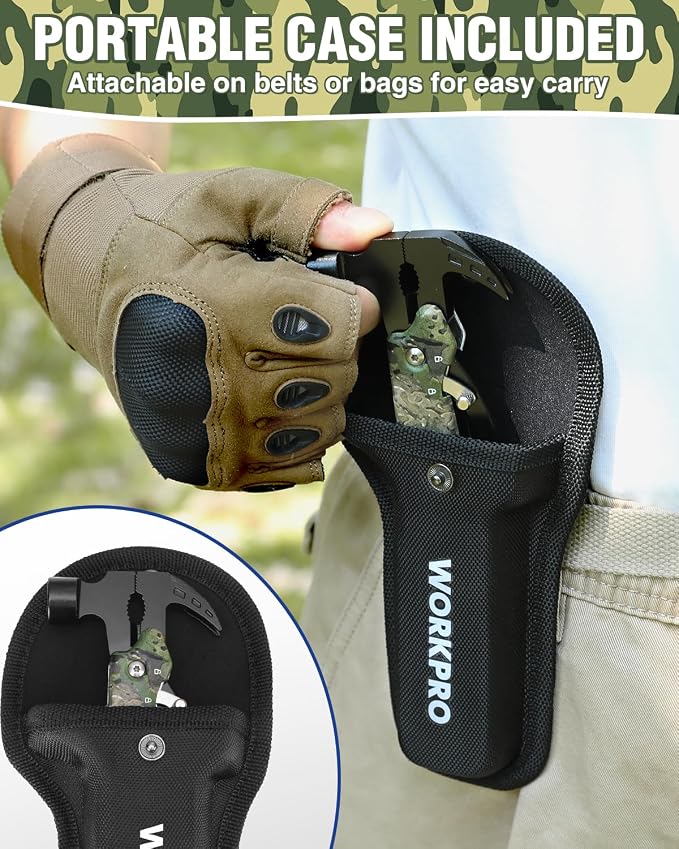 WORKPRO 12 in 1 Camping Tools with Mini Hammer | EDC Gear Multi Tools Hammer with Safety Lock and Pouch-Mini Multitools Gifts for Men and Women-Camouflage