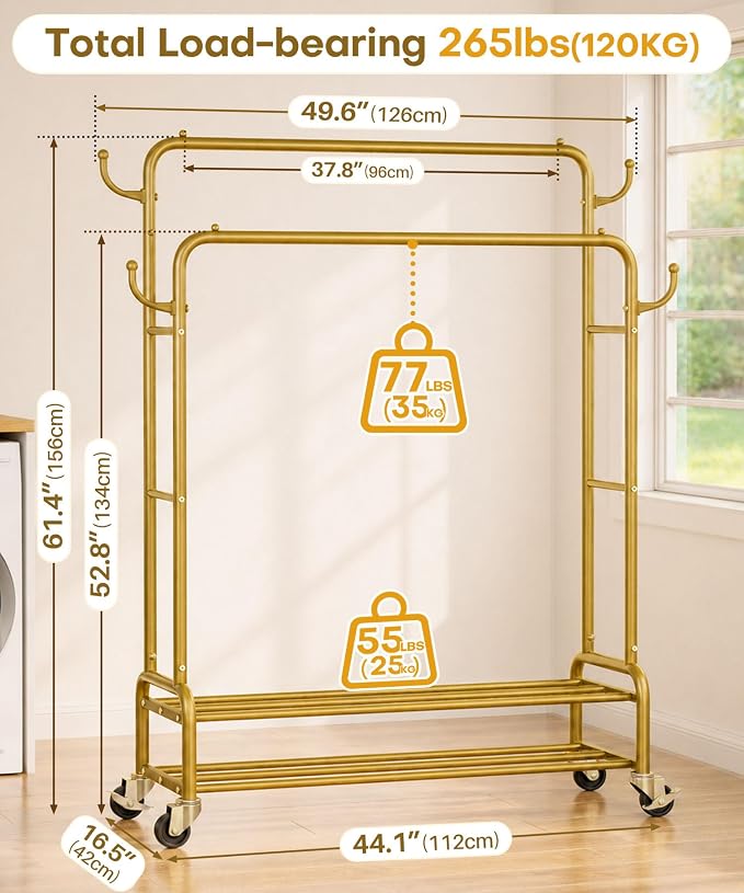 Homde Heavy Duty Clothes Rack: 265lb Rolling Double Rod Garment Hanging - Metal Coat Organizer Storage Display Shelf on Wheels for Bedroom Laundry