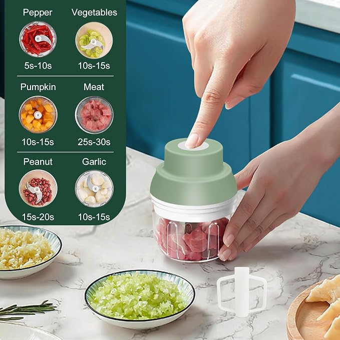 Electric Garlic Chopper, 250ML Garlic Mincer with Egg Beater, Mini Portable Vegetable Chopper, Onion Grinder Masher, USB Small Food Processor for Veggie, Garlic, Ginger, Chili(Green)