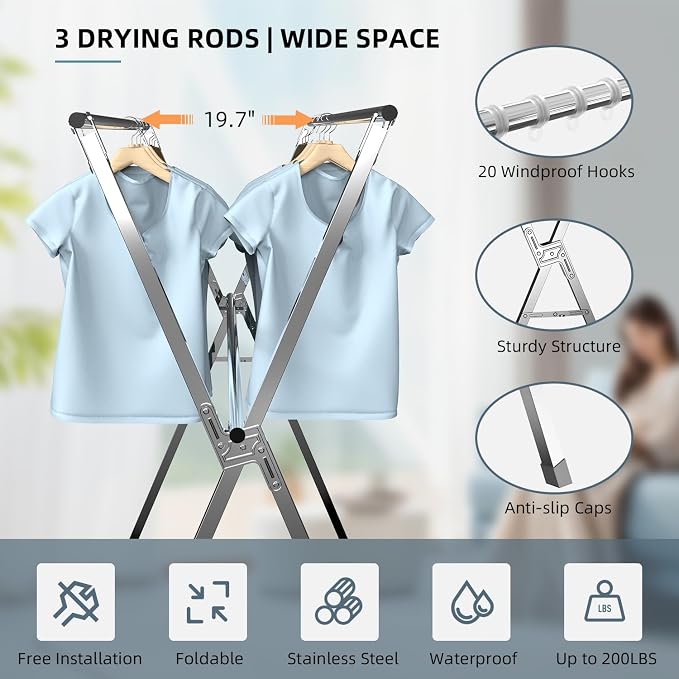 95" Clothes Drying Rack,Laundry Drying Rack Clothing for Indoor Outdoor | Adjustable Heavy Duty Stainless Steel Drying Rack, Foldable Portable Large Clothes Rack Garment Rack with 20 Windproof Hooks