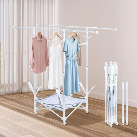 Foldable Clothes Drying Rack with Extendable Rod and Wheels | Folding clothes drying rack Double Rod Extendable 33.1–56.7 Inches,with Wheels, Sweater Drying Net, Hat Hanger