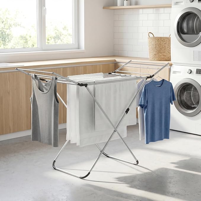 GOFLAME Clothes Drying Rack, Laundry Drying Rack with 2 Foldable Wings, 14 Drying Rods, Free-Standing Collapsible Laundry Airer for Clothes, Towels, Bed Linens, Indoor Outdoor Use, No Assembly Needed
