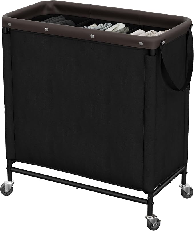 StorageWorks 3 Section Laundry Hamper, 120L Black Sorter Cart with Wheels