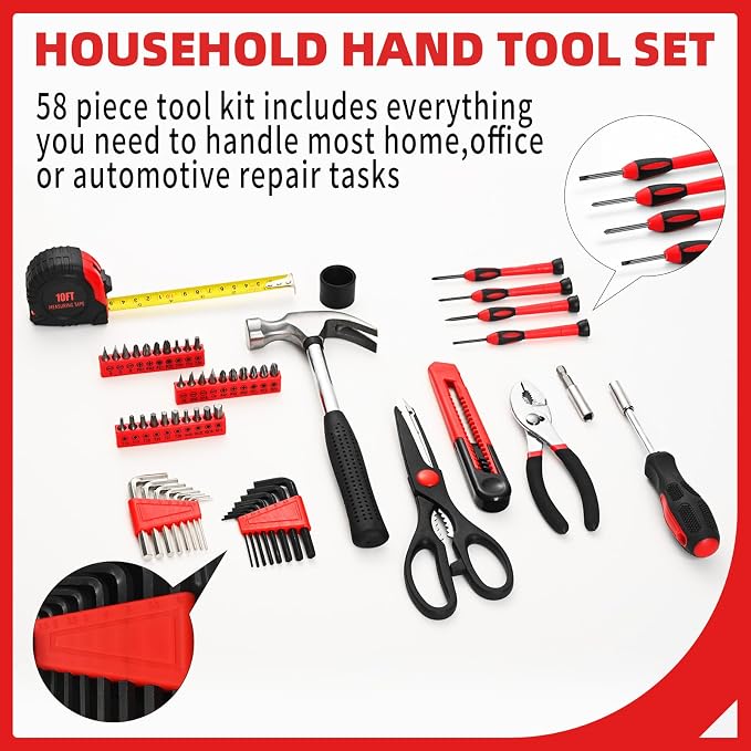58-Piece Household Tool Set, Red Hand Kit With Storage Case | All Purpose Hand Tool Kit, Basic Home Tool Set, Plastic Storage Case, for Home Garage Office Dormitory, Basic Repairs, Women