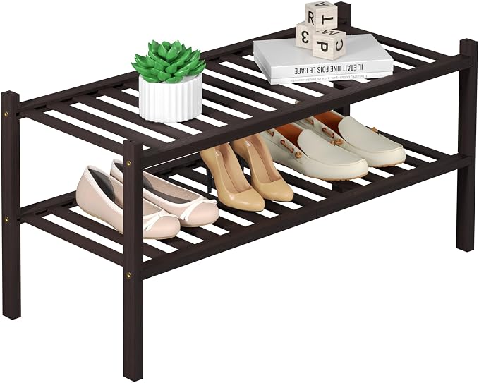 ROMGUAR CRAFT 2 Tier Bamboo Shoe Rack for Closet Free Standing Wood Shoe Shelf for Entryway Small Space Stackable 27"x11"x13" (Brown)