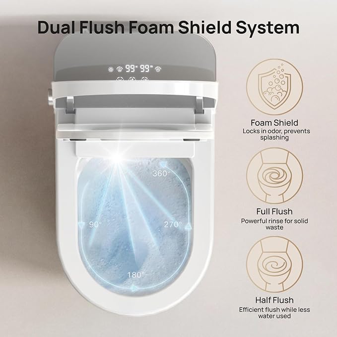 Smart Toilet with Bidet Built-in: Super Gentle Wash Bidet Toilet with Dryer, Dual Flush One Piece Toilet with Child Mode, Foam Shield, Heated Seat, Foot Sensor, UV-C Night Light, Auto Lid/Seat, Grey