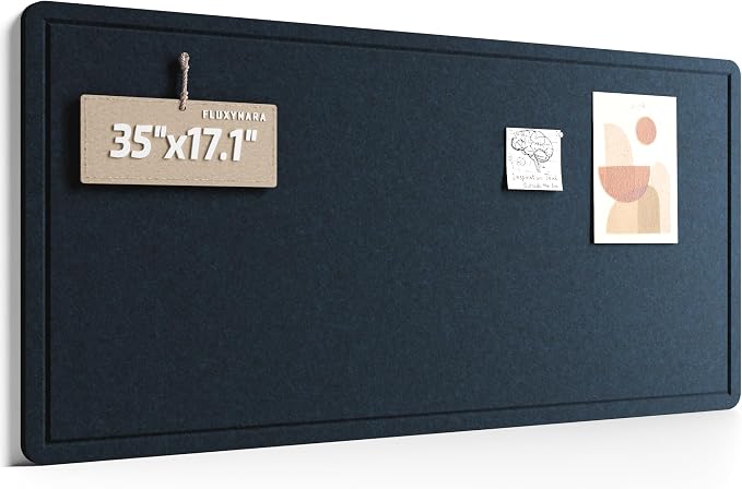 Fluxynara 35" x 17.1" Bulletin Board, Carbon Blue | Cork Board Alternative with 12 Removable Adhesive Tabs, Foldable Felt Pin Board for Home, Office, Classroom & Dorm