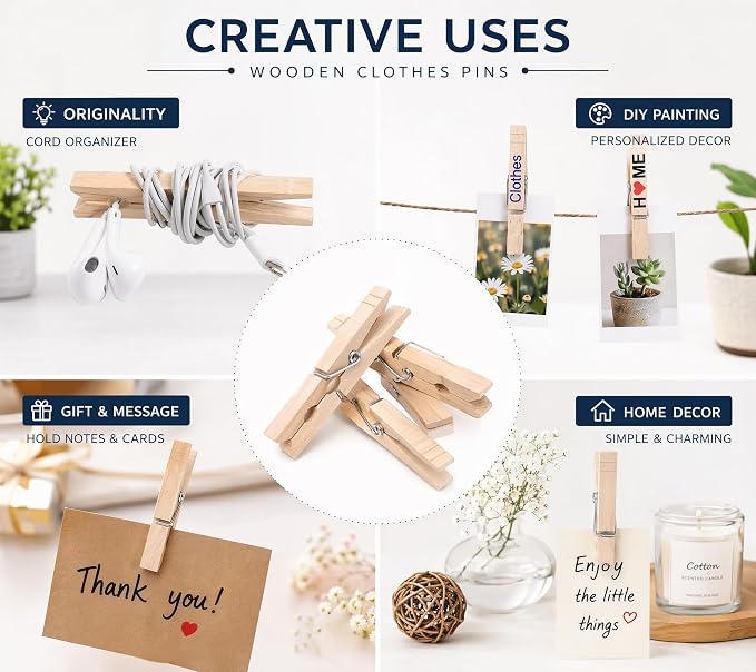 Clothes Pins Wood for Hanging Clothes,3.5 Inch【100pcs】 Heavy Duty Wooden Clothespins,Clothes Pins for Craft,Wooden Clips for Pictures. | Rust Resistant