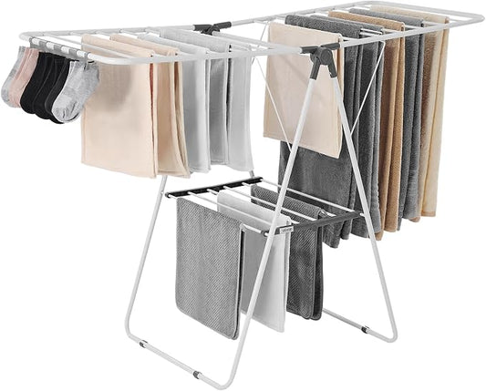 VEVOR Clothes Drying Rack, 2-Tier Foldable Laundry Dryer Rack with Sock Clips & 21 Drying Rods, Metal Height Adjustable Drying Racks for Outdoor & Indoor, Free-Standing & Space-Saving Hanger, White