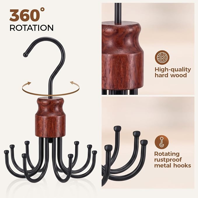 Bra Hanger for Closet Organizer, Space Saving Wooden Tank Top Hangers with 8 Foldable Hooks & Holds 24 Items, 360° Rotating Storage for Bras, Scarves, Belts, Ties and More