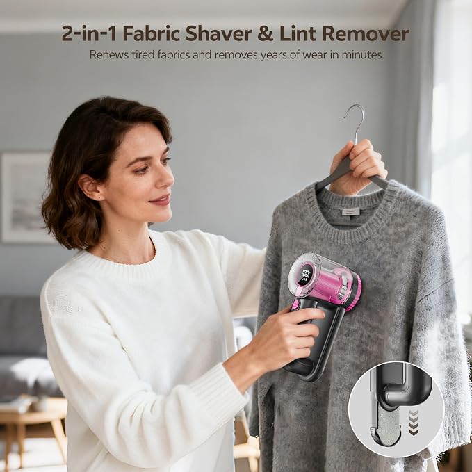 Rechargeable Fabric Shaver, 2-in-1 Lint Remover with 6-Blade | For sweaters, blankets, coats and cloth upholstery, with 200ml container, LED display, USB-C charging and 3 speeds