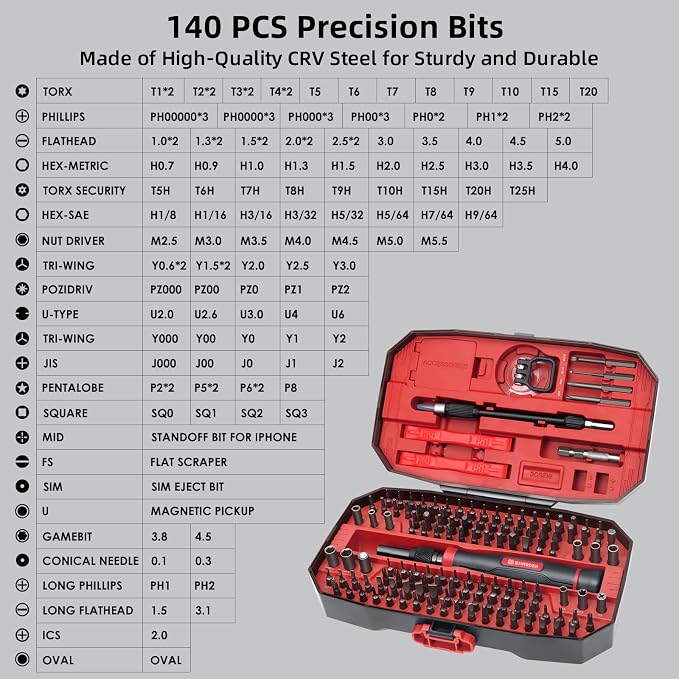 153 in 1 Precision Screwdriver Set for Electronic Repair Red | Magnetic Small Screwdriver Set with Torx, Pentalobe, Triwing, Mini Repair Tool Kit for Computer, Laptop, PC, PS5, Eyeglass