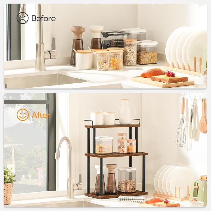 HOOBRO Kitchen Countertop Organizer, Moveable Corner Shelf, Desktop Storage Organizer for Countertop, Office Desk, Living Room, Rustic Brown and Black BF02TL01