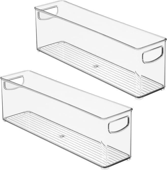 iDesign Plastic Stackable Pantry Bin, Set of 2, Clear | Storage Bin with Handles, For Cabinets or Fridge