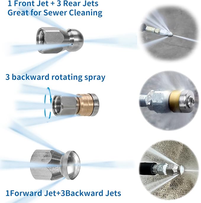 NAMOTEK Sewer Jetter Kit for Pressure Washer 50FT Drain Cleaner Hose 5800PSI NPT 1/4 Inch Hose Button Nose and Rotating Sewer Jetting Nozzle, Orifice 4.0, 4.5