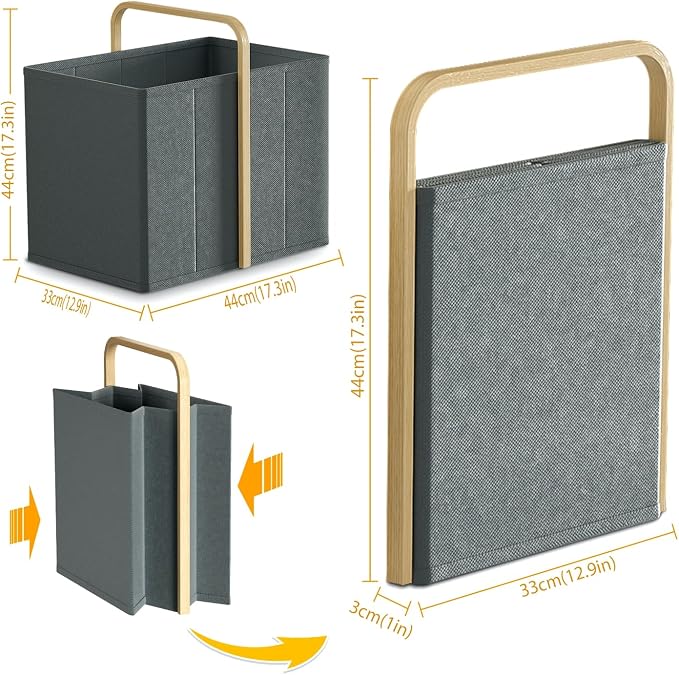 Collapsible Laundry Baskets with Handles 65L Portable Bamboo Laundry Hamper Oxford Fabric Foldable Laundry Bin Portable Cloth Baskets for Storage for Laundry Room Bedroom Living Room Gray