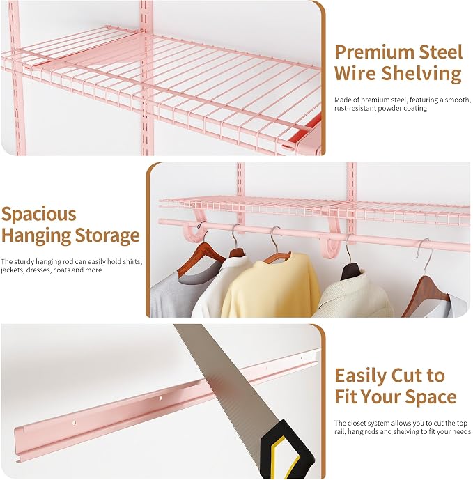 PROWORX 4-6 Ft. Expandable Closet Organizer System, Pink Custom Metal Wire Closet Shelving, Organizers and Storage Shelves Wall Mounted with Hanging Rods